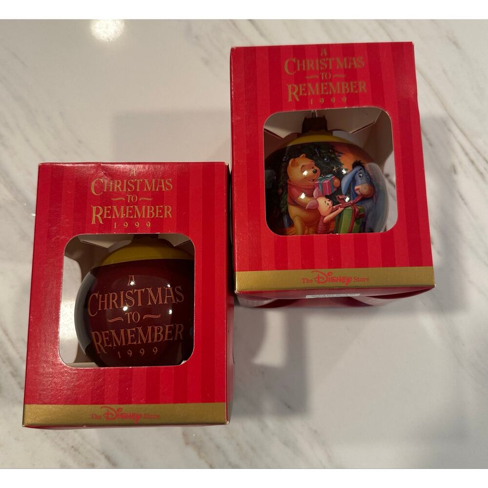 Disney Store 1999 Christmas to Remember Winnie Pooh Glass Ornament Lot of 2 NIB